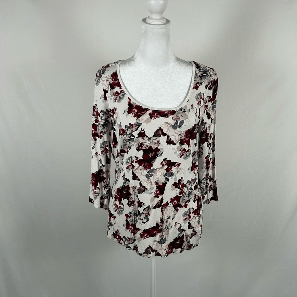 White House Black Market Women Red Floral 3/4 Sleeve Blouse Top Size L